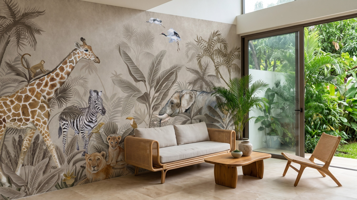 Naturalistic wildlife wallpaper in a sophisticated Singapore living room
