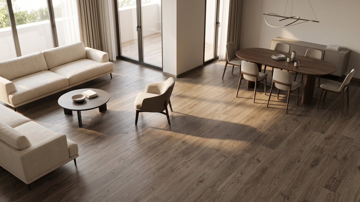 BTO flooring in a modern Singapore HDB living and dining area