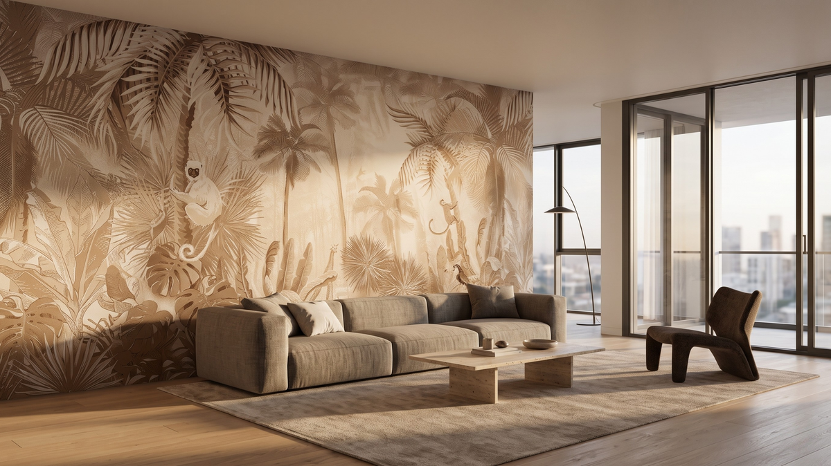 Wallpaper feature wall with adjacent painted walls in a Singapore living room