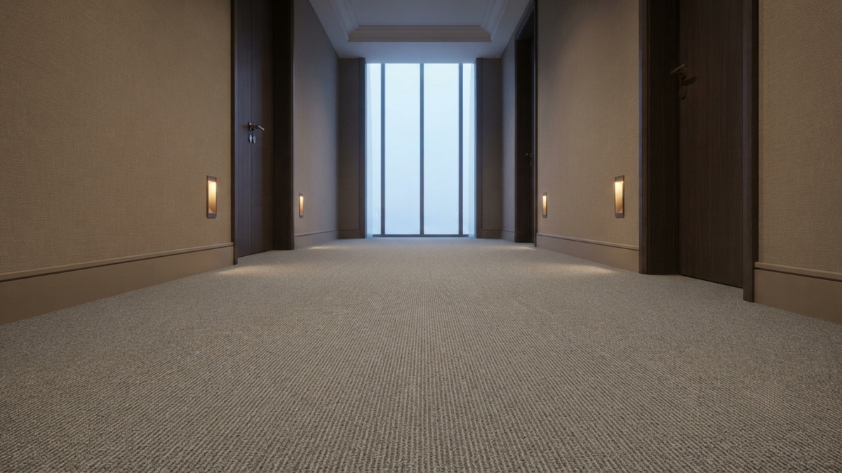 Pattern-matched broadloom carpet in a hotel corridor in Singapore