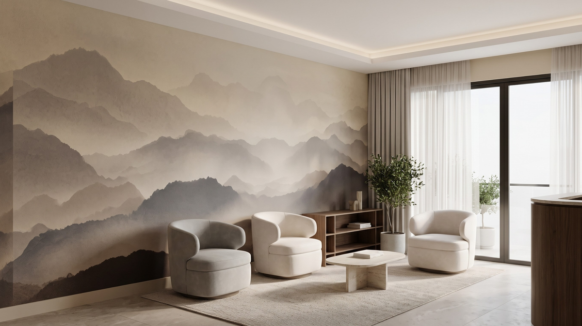 Calming landscape wallpaper in a Singapore clinic waiting room