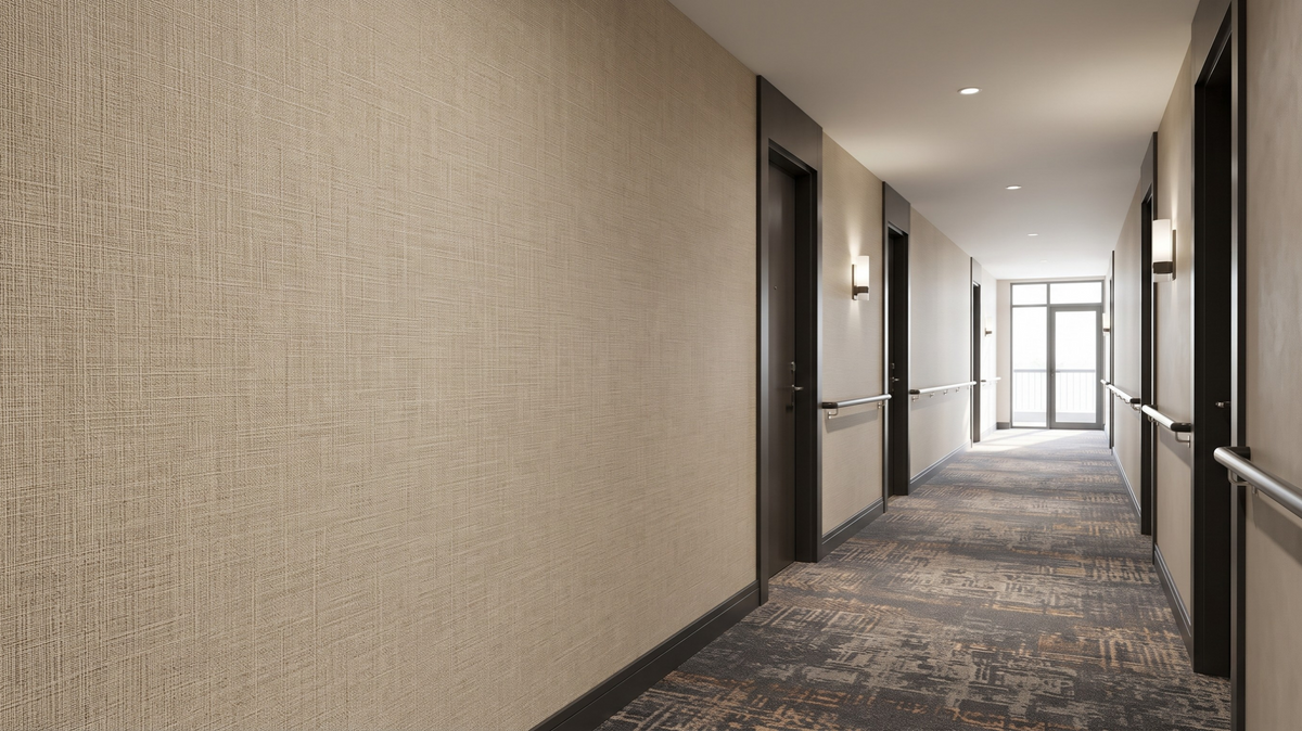 Textured commercial corridor wallpaper in a Singapore office building