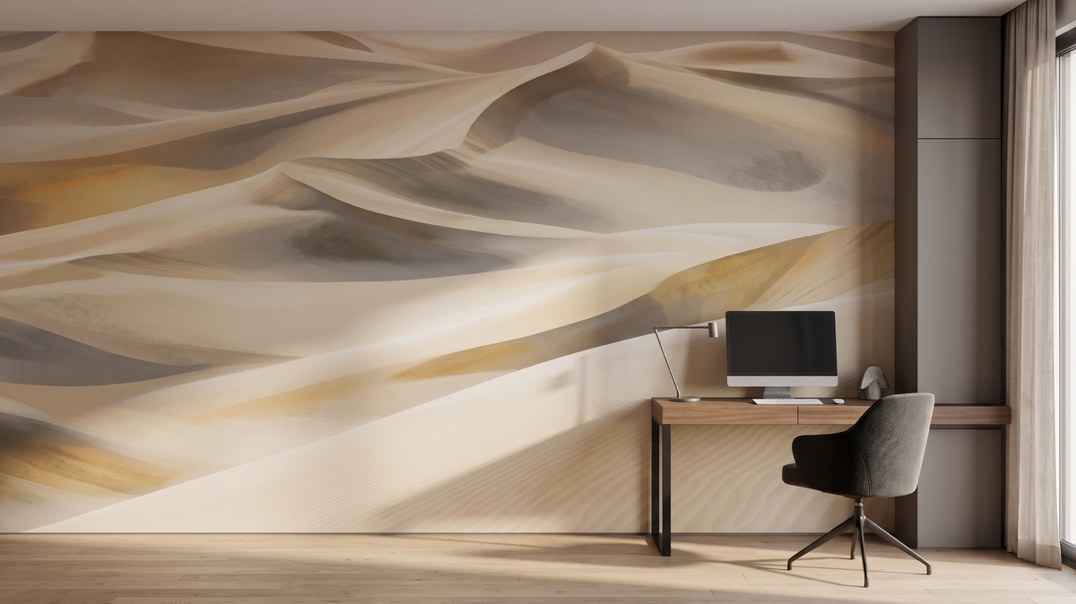 Plaster-inspired wall mural in an industrial-style Singapore home office