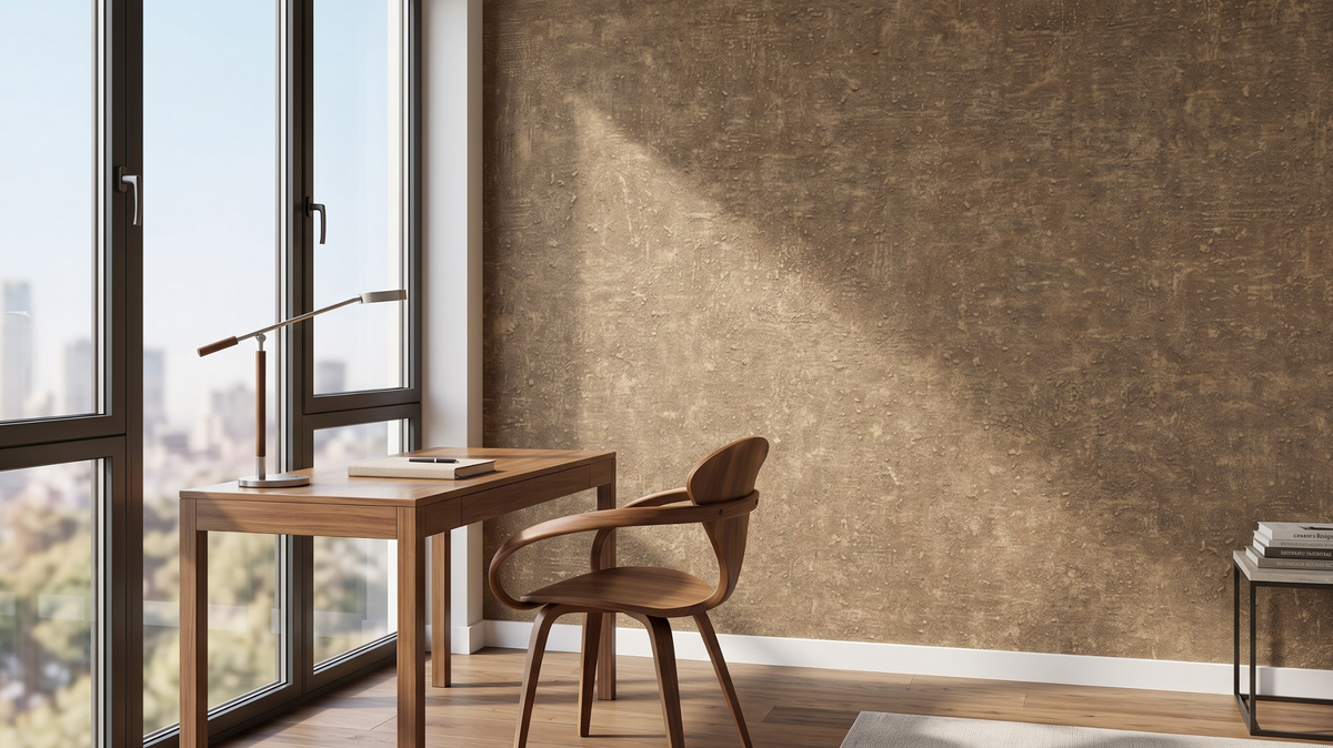 Warm cork-look wallpaper in a Singapore home office with walnut furniture