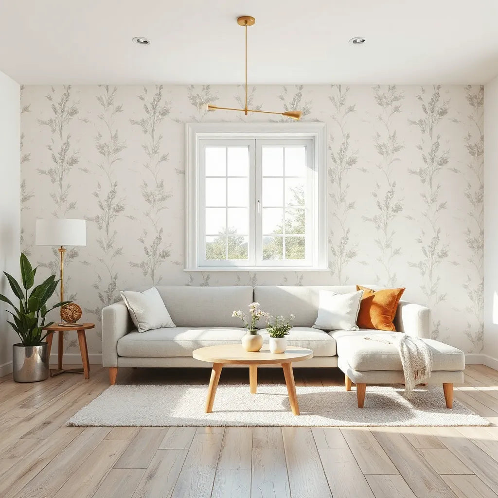 Modern living room with a neutral-toned contemporary wallpaper feature wall and minimal furniture