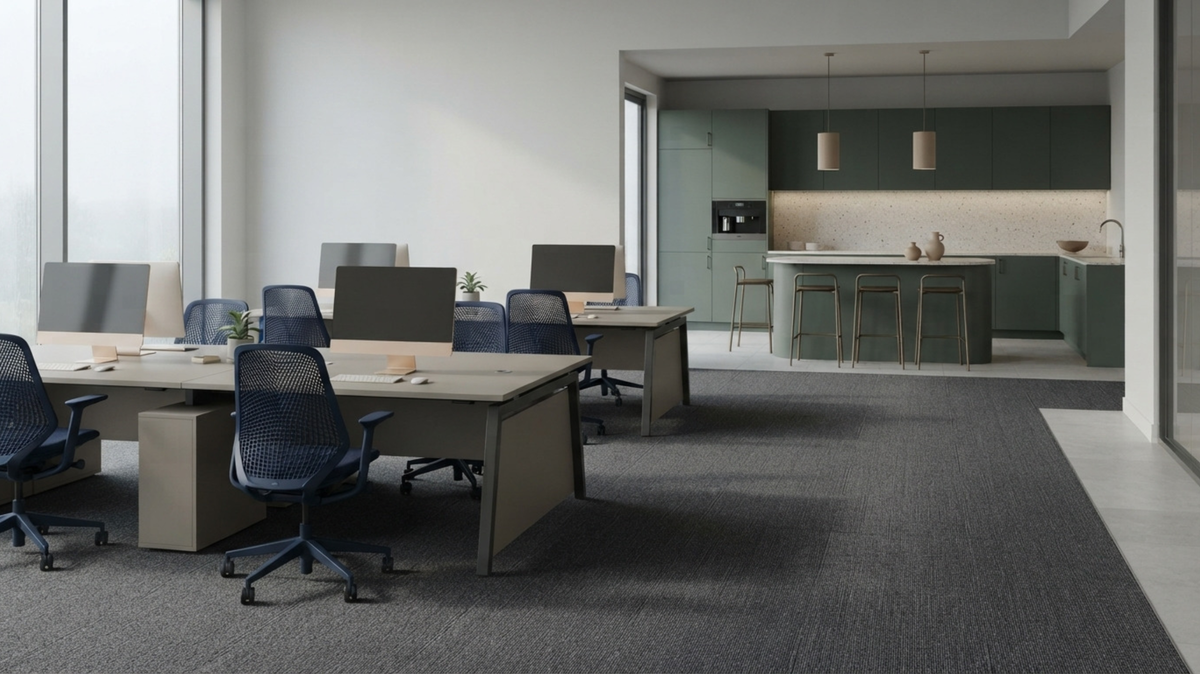 Grey carpet tiles with direct glue installation in a Singapore office