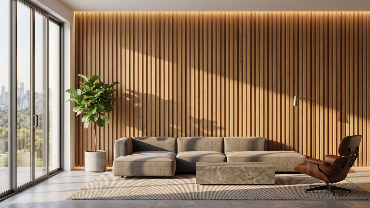 Feature wall in a Singapore HDB living room with Pine Oak fluted panels