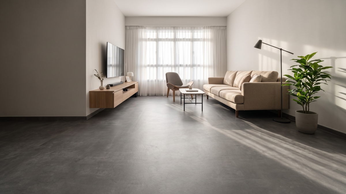 Smooth vinyl flooring after floor levelling in a Singapore HDB living room
