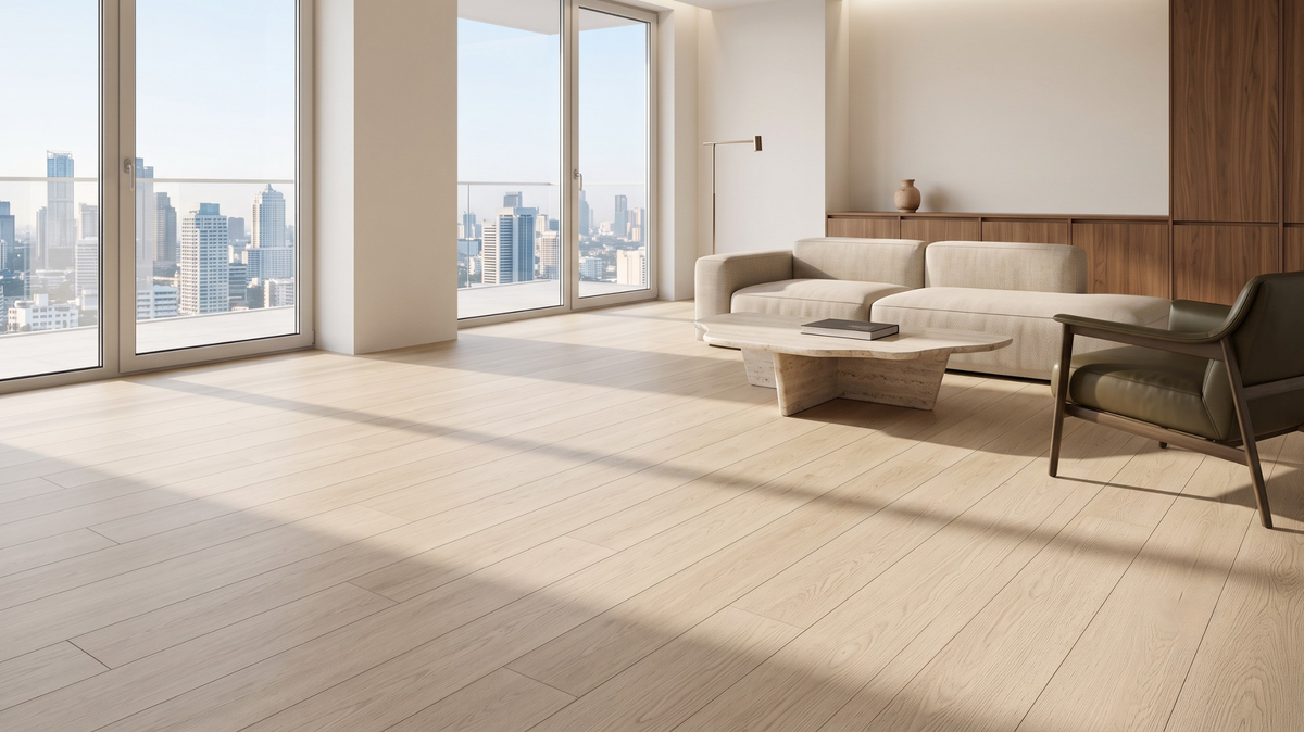 Mid-tone wood-look vinyl flooring in a Singapore living room
