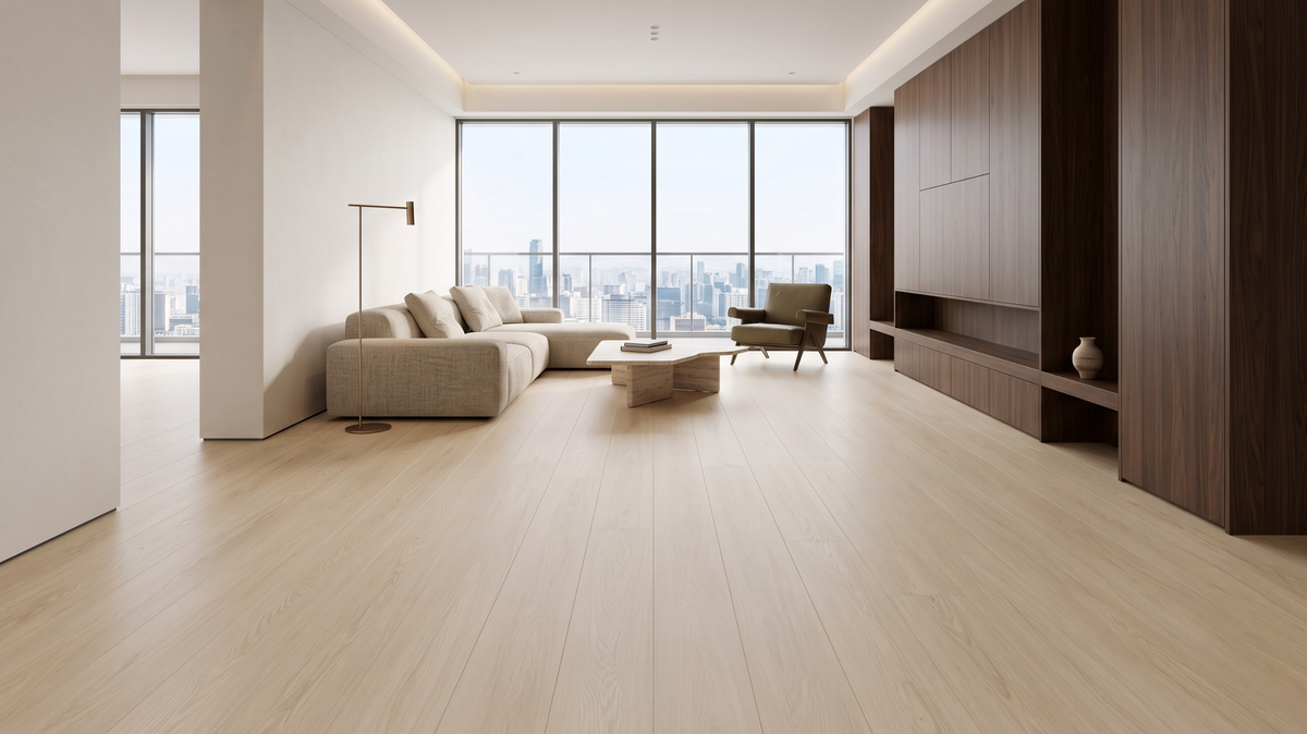 Wood-look vinyl flooring for an HDB living room in Singapore