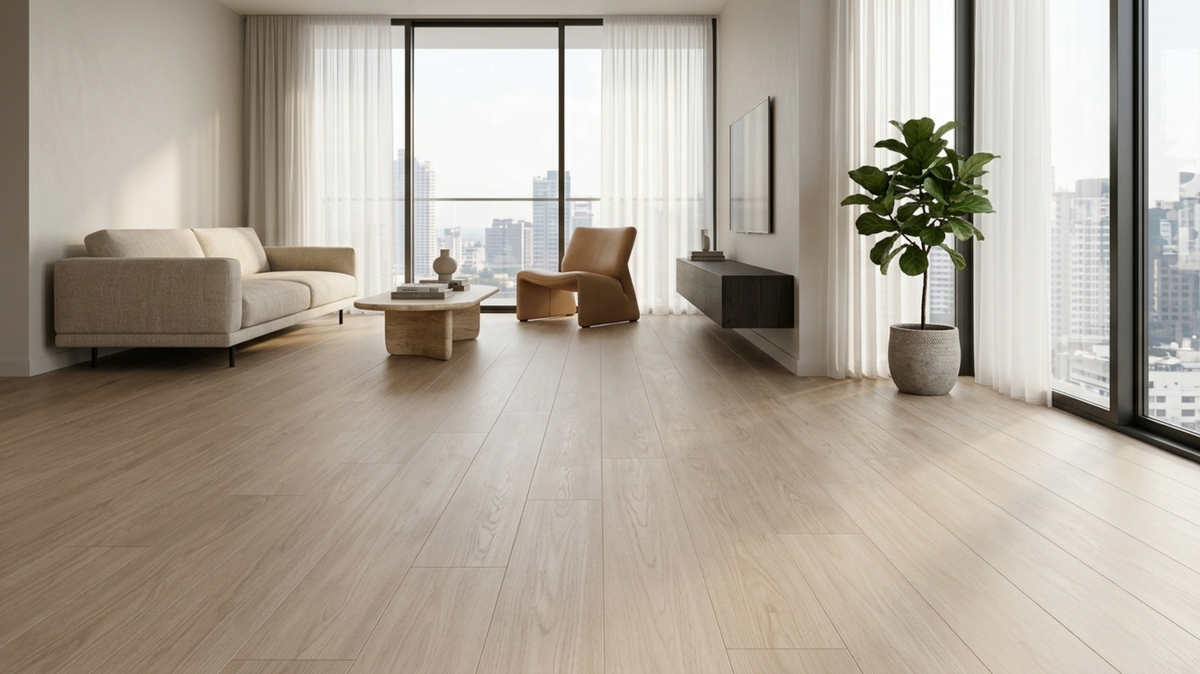 Wood-look vinyl flooring in a modern living room in Singapore