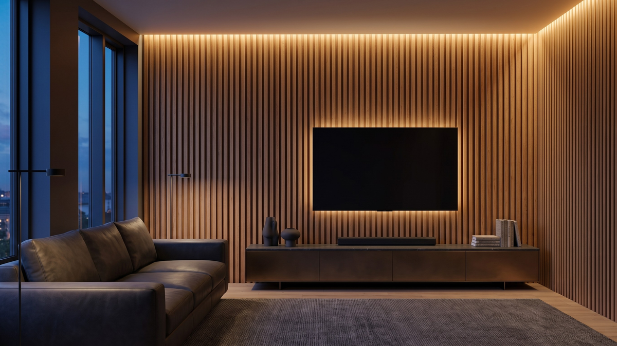 Pine oak fluted panels on a modern Singapore living room TV feature wall