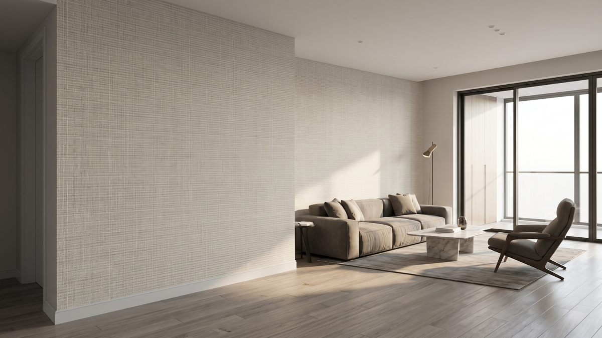 Natural linen-look wallpaper in a Japandi Singapore living room