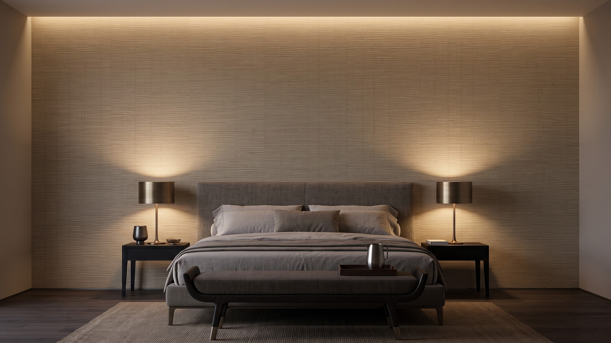 Grasscloth-look wallpaper on a Japandi bedroom feature wall in Singapore