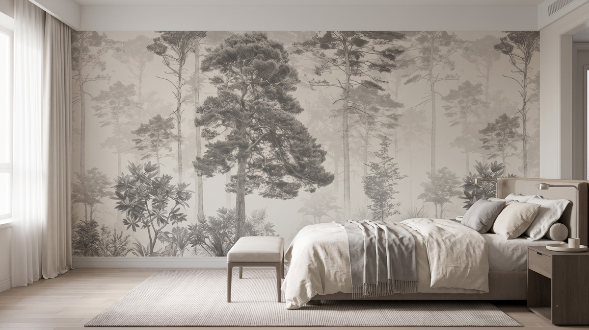 Nature-inspired guest room wallpaper in a Singapore bedroom