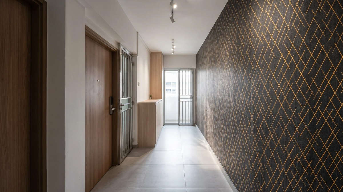 eometric hallway wallpaper in a modern Singapore HDB apartment