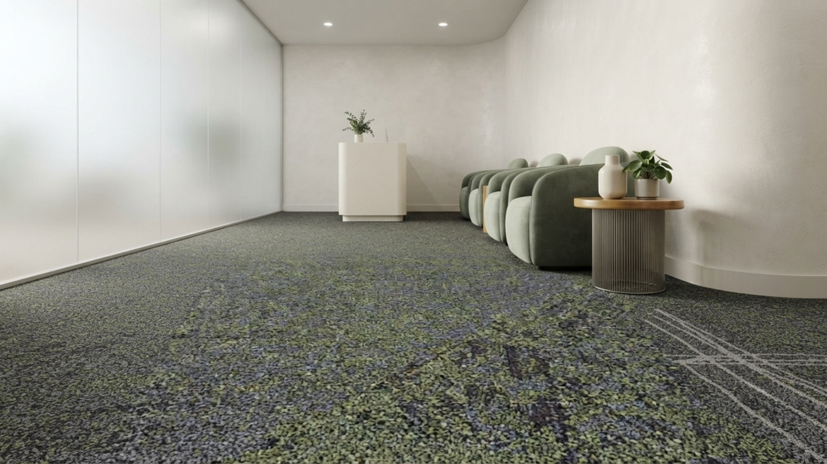 Solution-dyed carpet tiles for a healthcare waiting area in Singapore