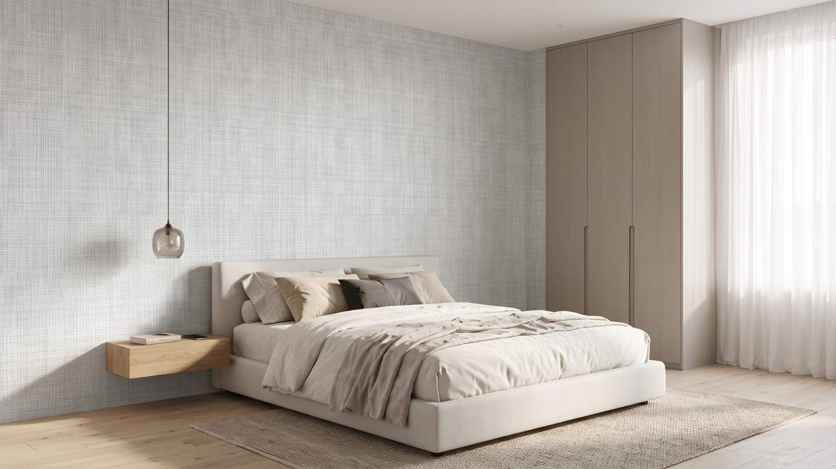 Soft neutral wallpaper in a bright and relaxing Singapore condominium bedroom