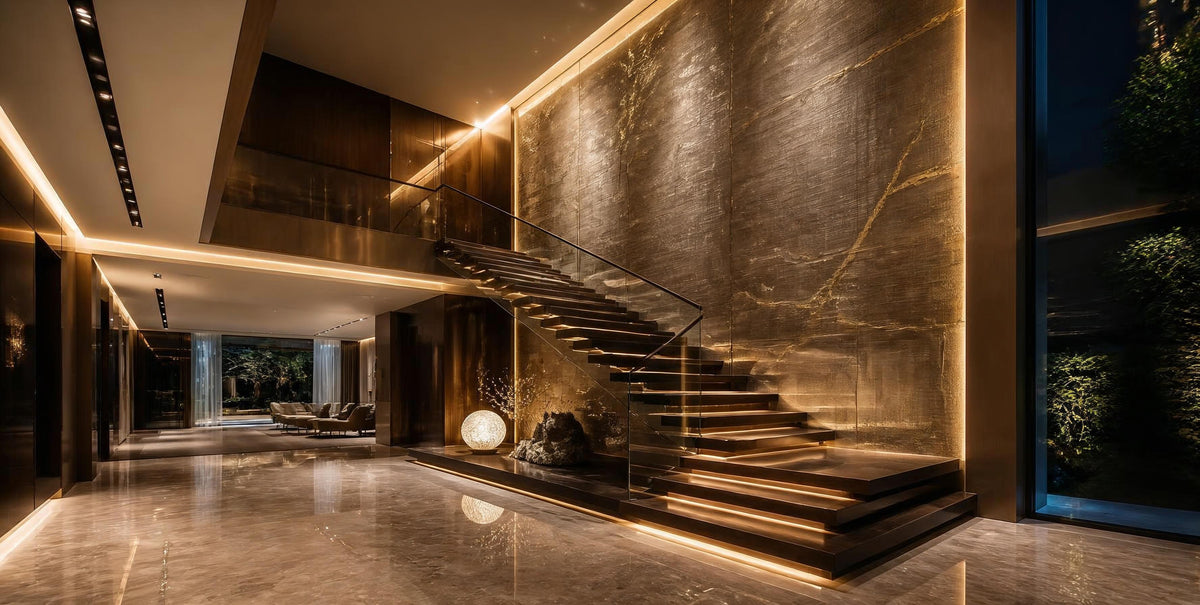 Luxury gold-veined bespoke wallpaper mural in a Singapore landed home double-volume stairwell