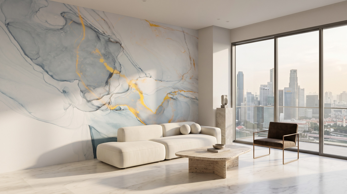 Blue and gold marble-look wallpaper on a Singapore condominium living room feature wall