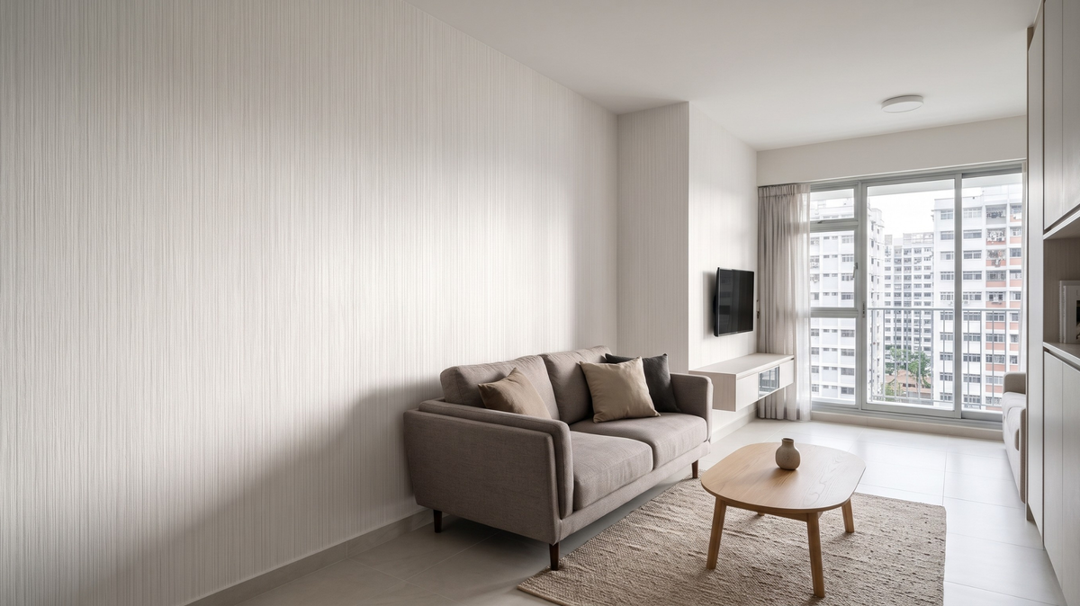 Light-toned wallpaper feature wall in a contemporary Singapore HDB living room