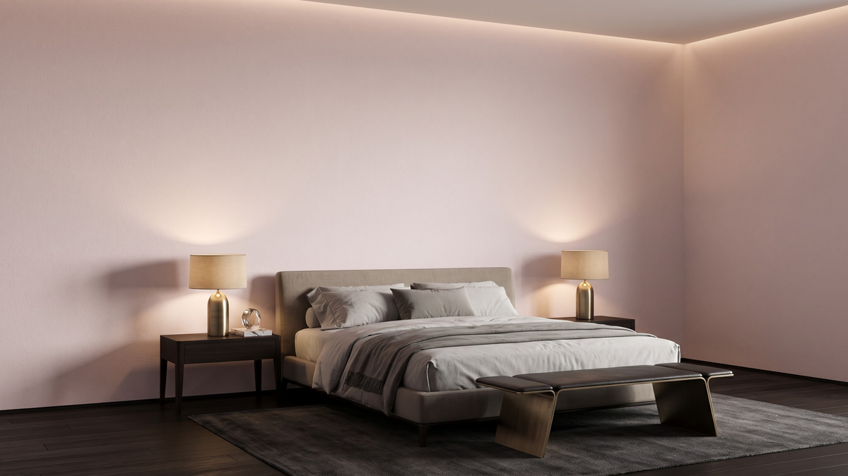 Pink wallpaper Singapore with soft blush finish in a sophisticated master bedroom