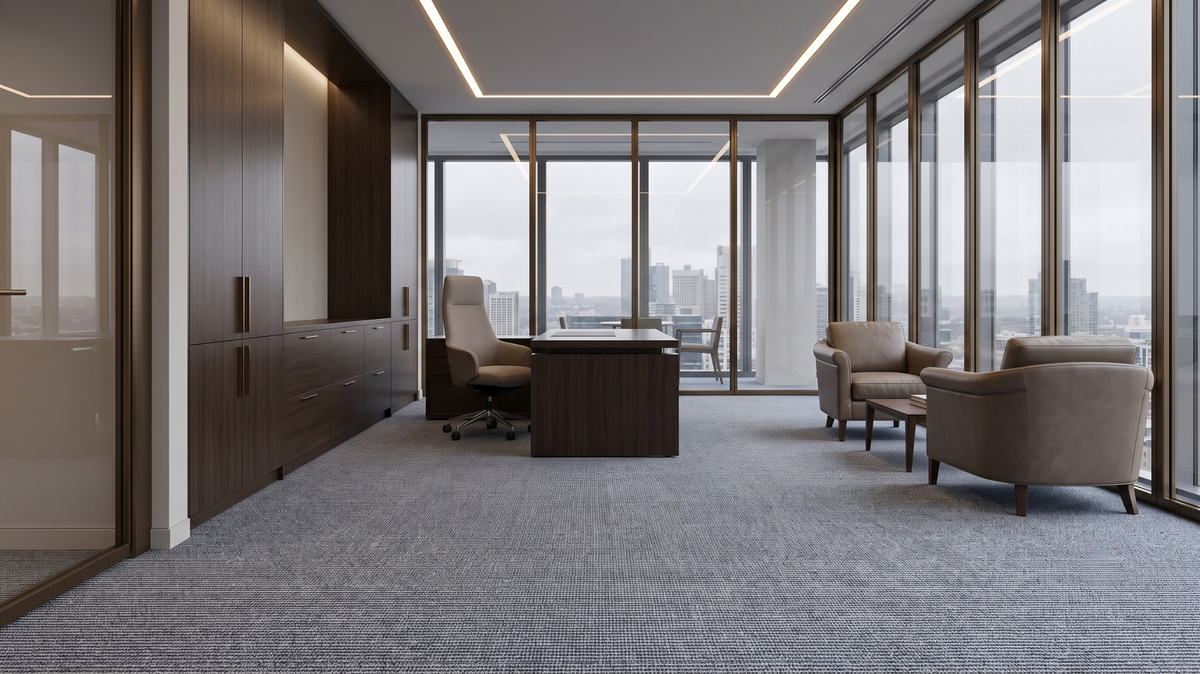 Plain light grey carpet tile in a Singapore office interior