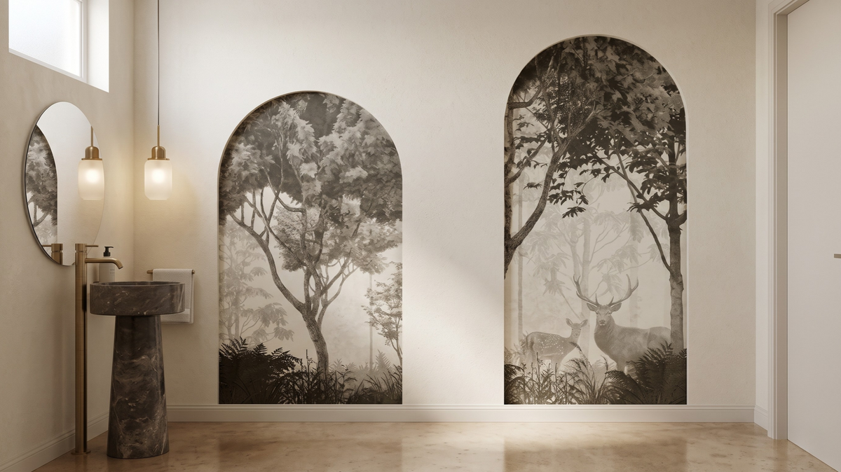 Statement botanical wallpaper in a luxury powder room in Singapore