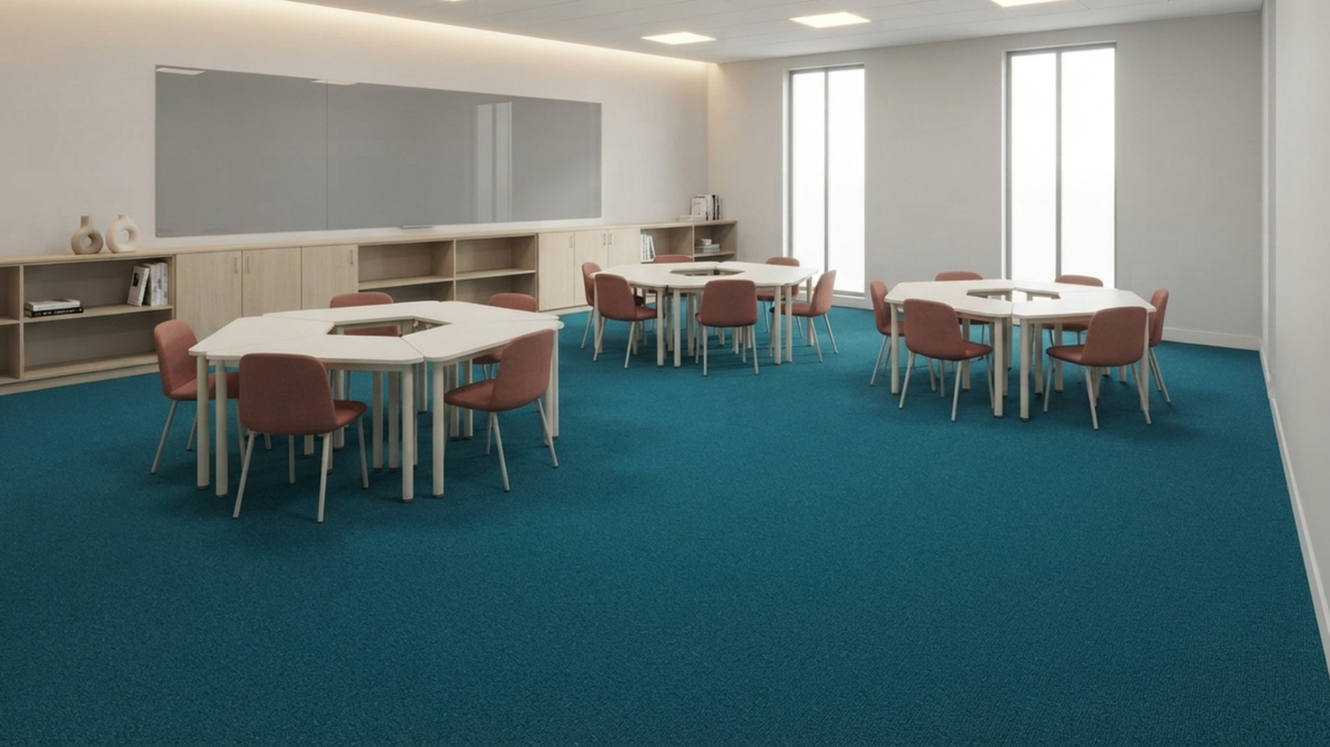 Light blue carpet tiles for a modern classroom in Singapore