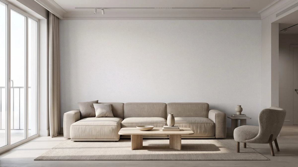 Neutral serviced apartment wallpaper in a modern Singapore living room