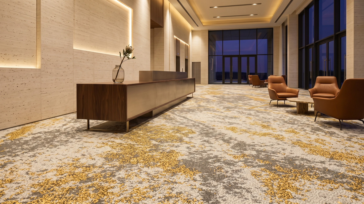 Solution-dyed carpet tile in a sunlit luxury hotel lobby in Singapore