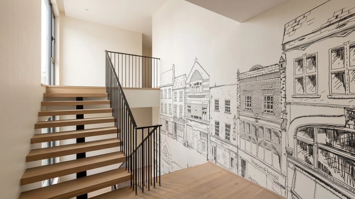 Statement staircase mural wallpaper in a modern Singapore landed home