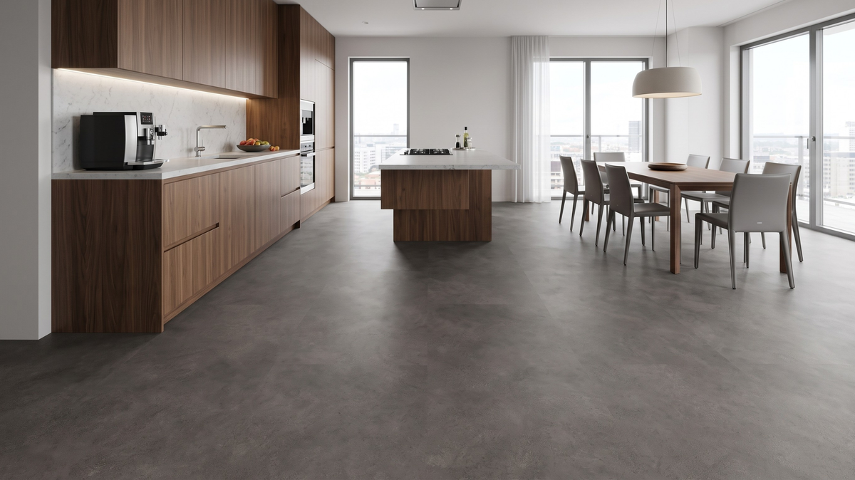 Stone-look vinyl flooring in a modern kitchen in Singapore