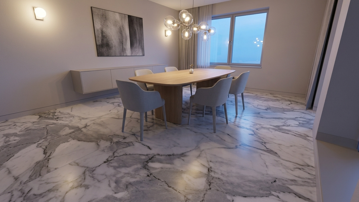 Stone-look vinyl flooring in a modern dining area in Singapore