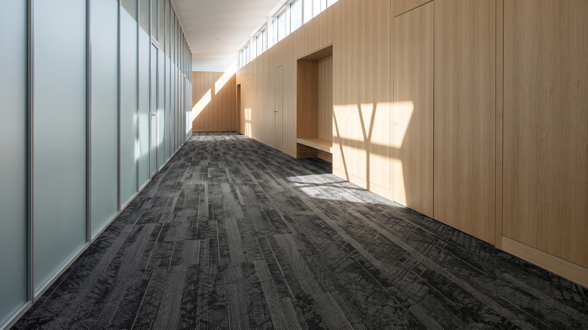 Visible traffic lane on commercial carpet in a Singapore office corridor