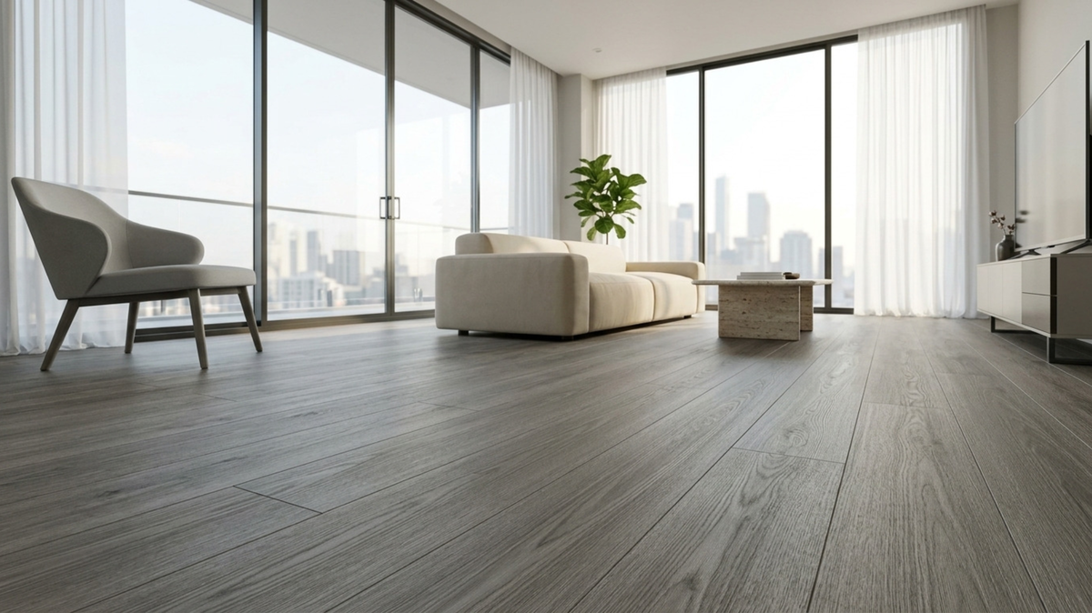 Wood-look vinyl flooring for a modern home in Singapore