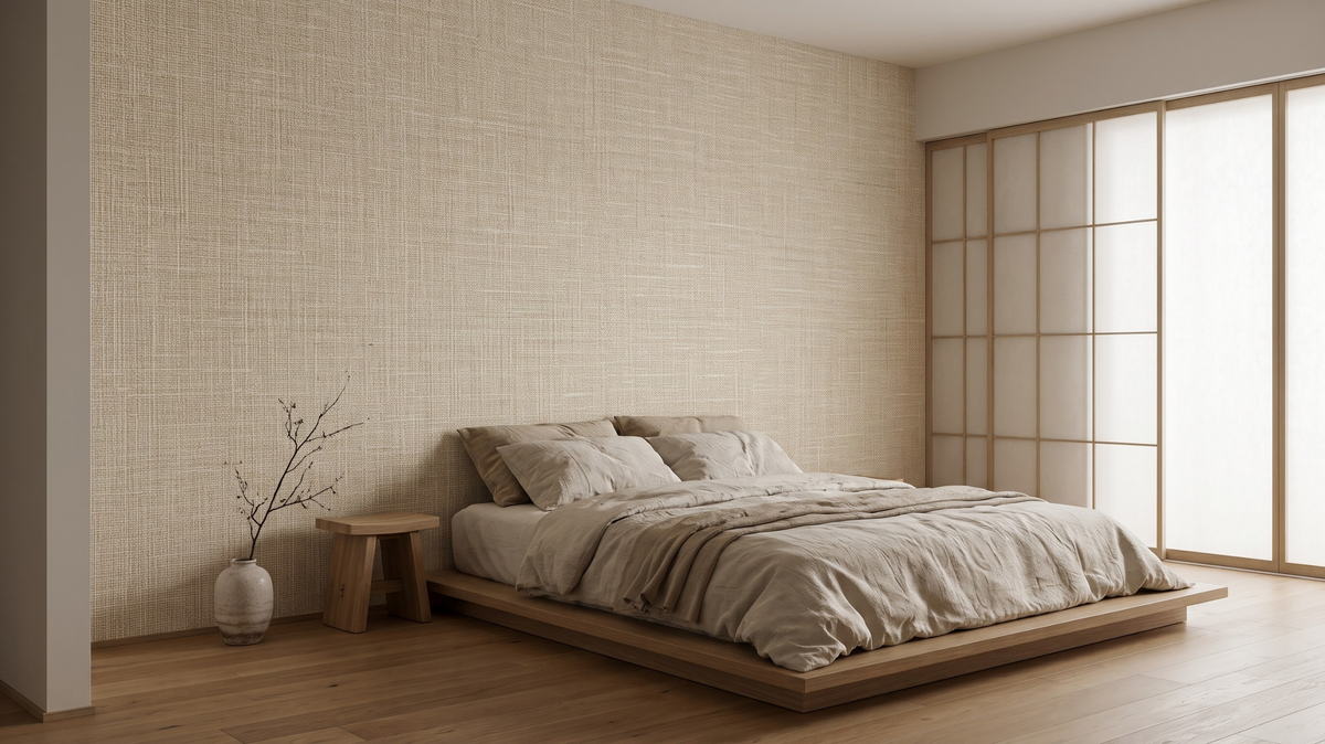 Fabric-look wallpaper in a warm Japandi-style Singapore bedroom