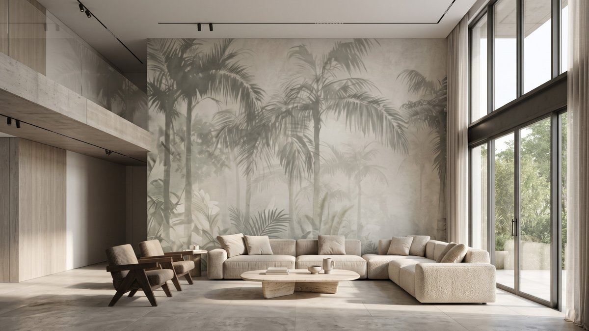 Large botanical mural wallpaper on a double-height living room wall in Singapore