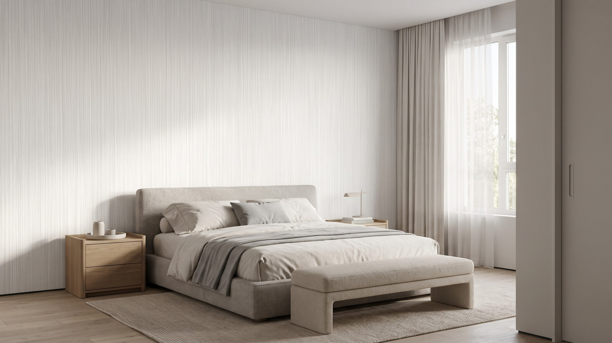 Vertical textured wallpaper for a low-ceiling bedroom in Singapore