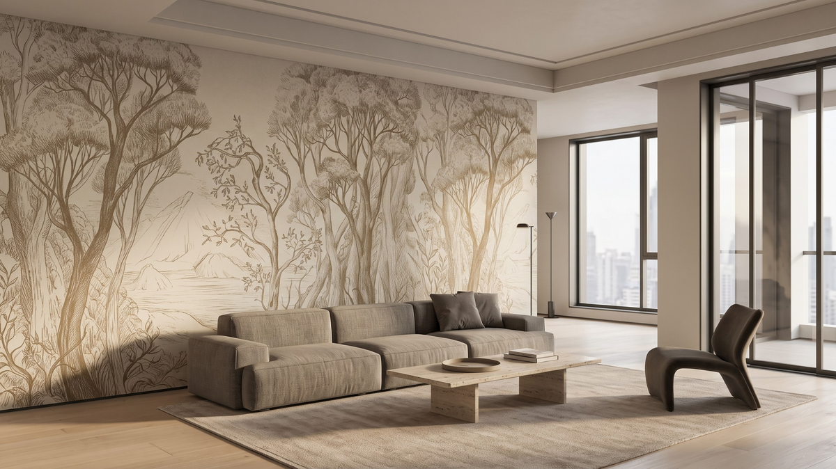 Completed wallpaper installation in a modern Singapore living room