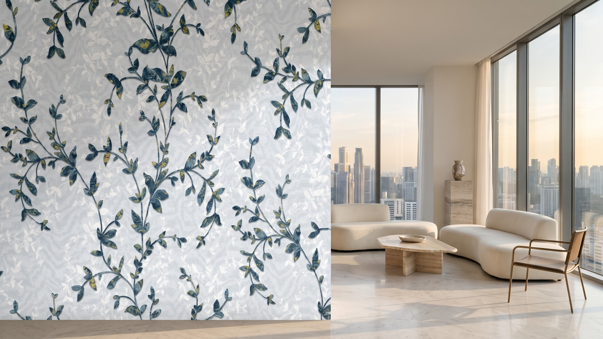 Botanical wallpaper in a sunlit west-facing Singapore condominium living room