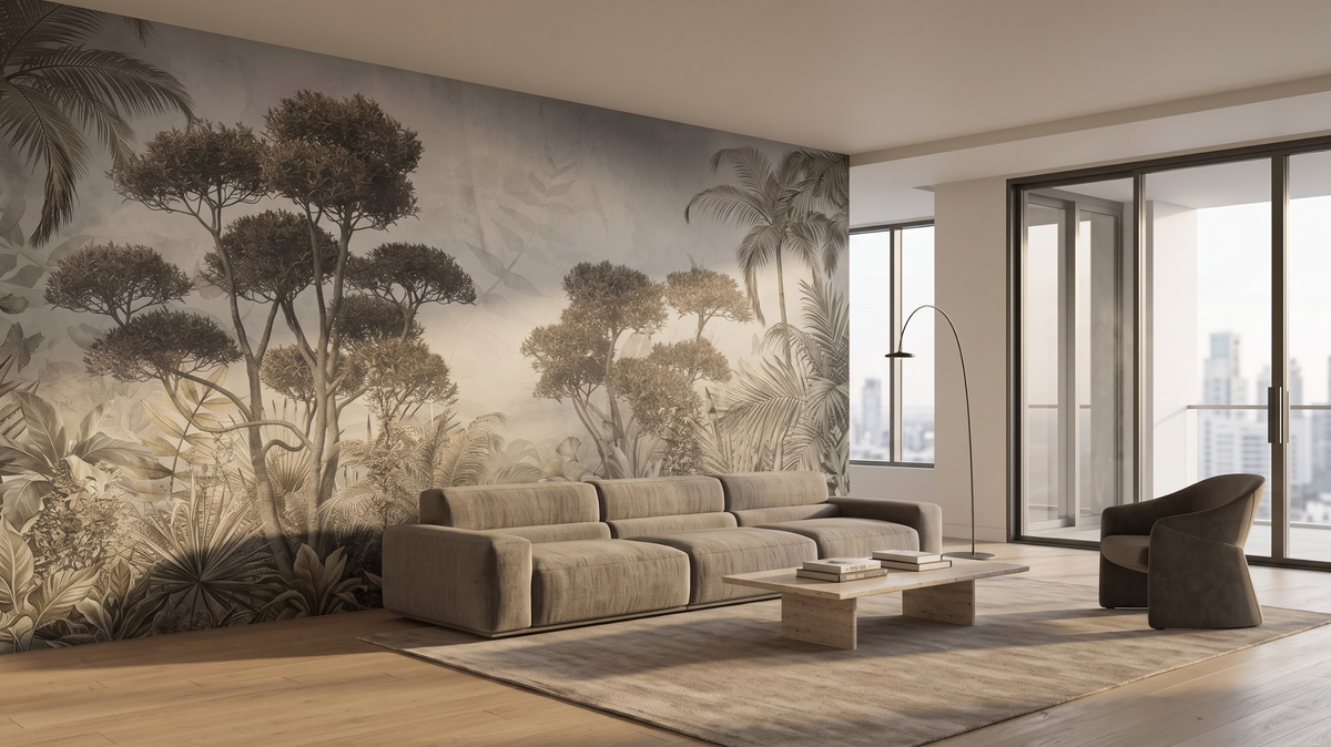 Large wallpaper feature wall in a contemporary Singapore living room
