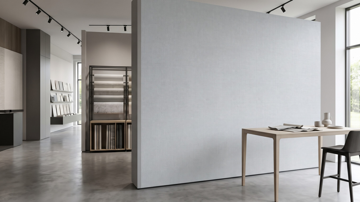 Wallpaper rolls and sample display at a wallpaper showroom in Singapore