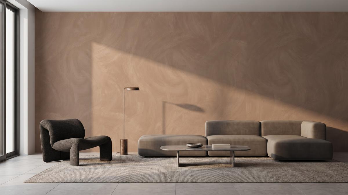 Terracotta limewash-look wallpaper in a minimalist Singapore living room