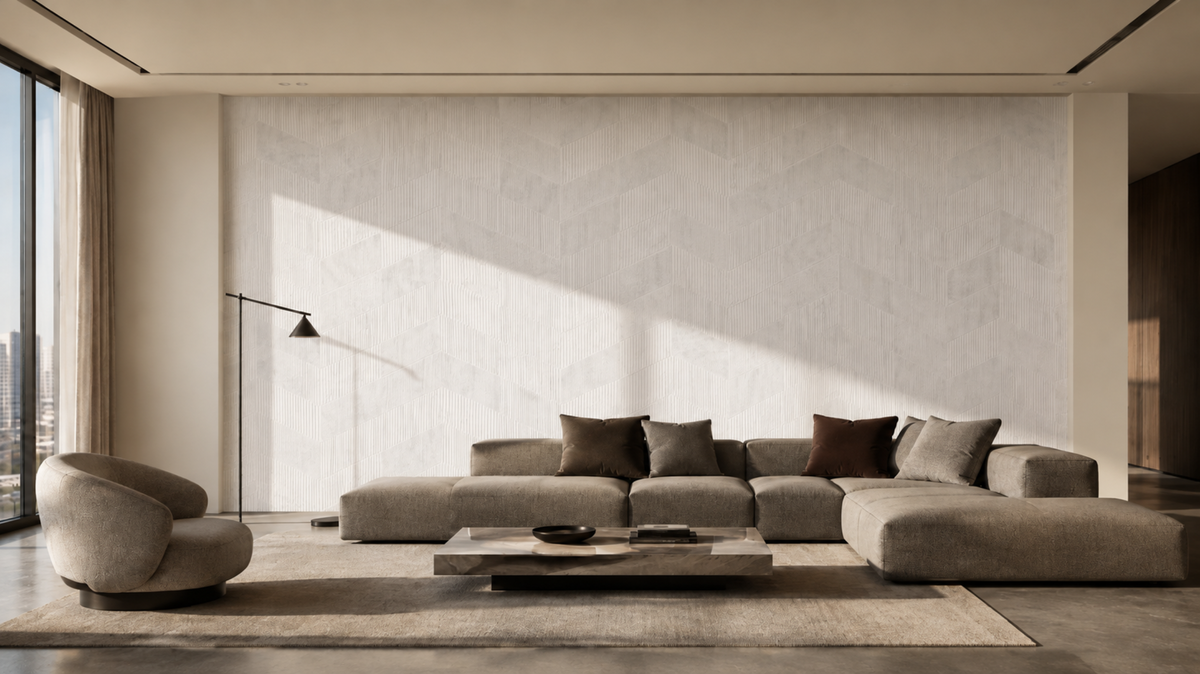 Wallpaper vs paint Singapore in a modern HDB living room with a subtle wallpaper feature wall
