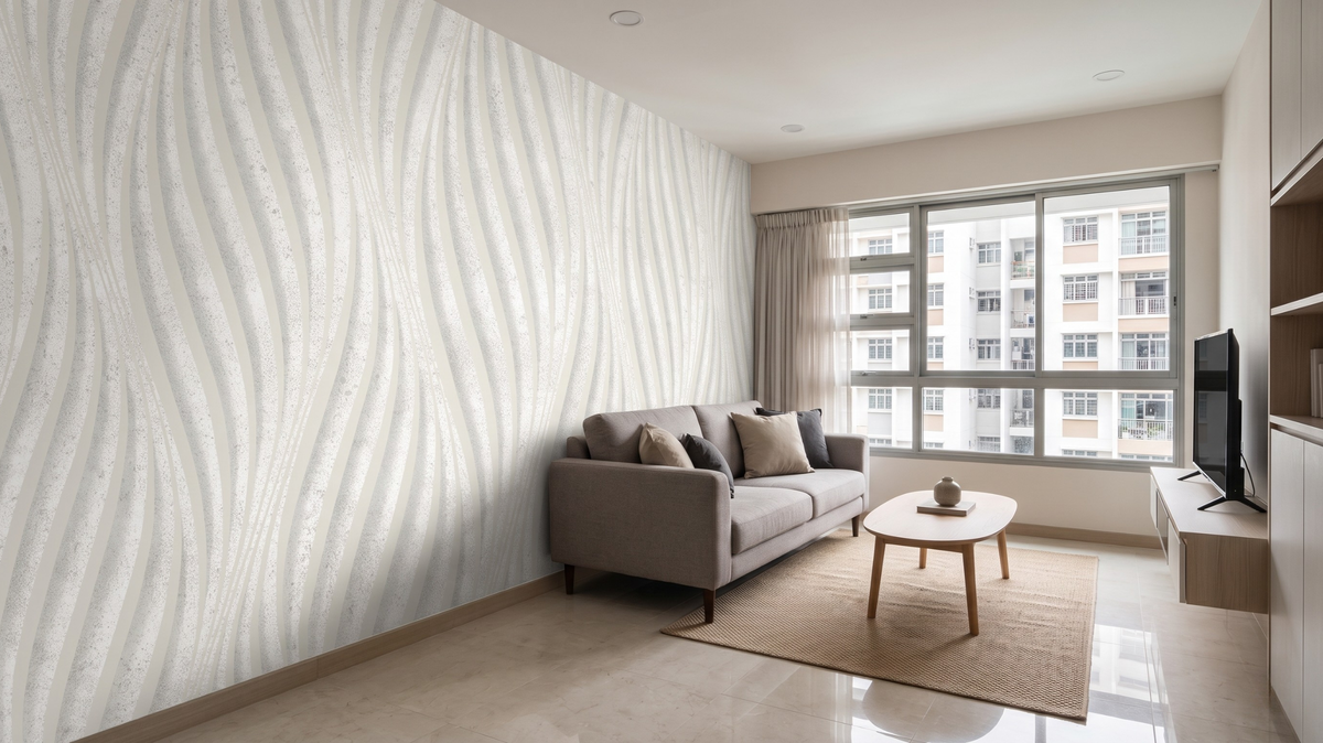 Sculptural wave-pattern wallpaper in a modern Singapore living room
