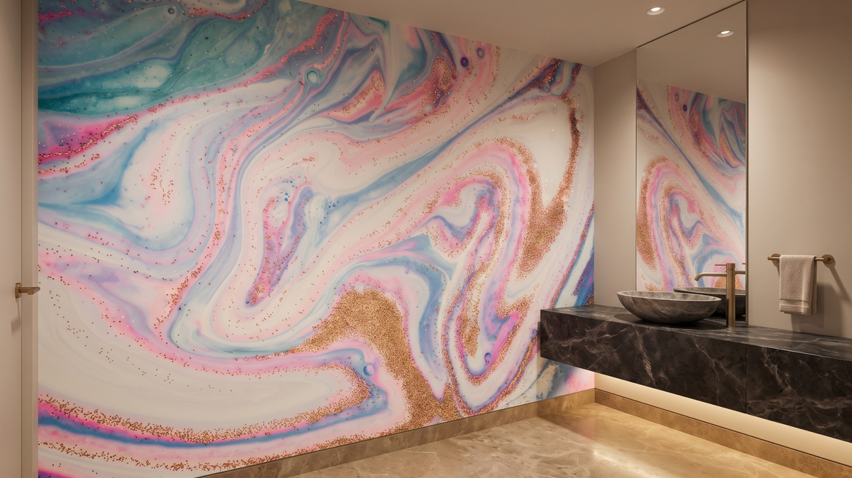 Pastel marble-effect wallpaper combined with wall tiles in a Singapore powder room
