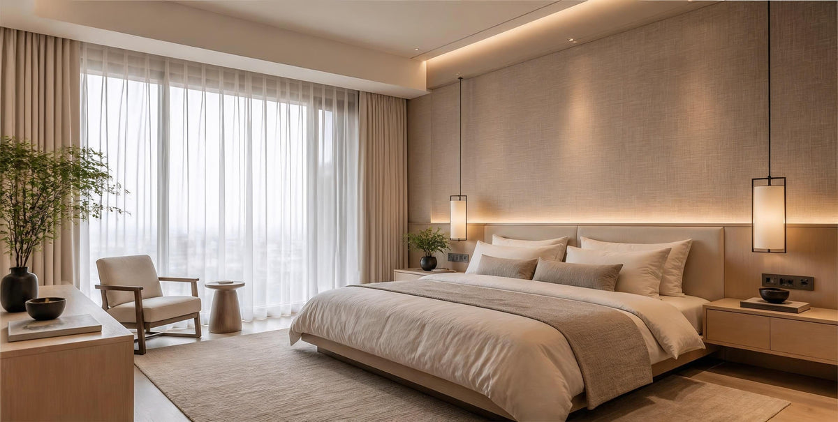 Warm beige textured linen neutral wallpaper on a master bedroom feature wall in a Singapore home