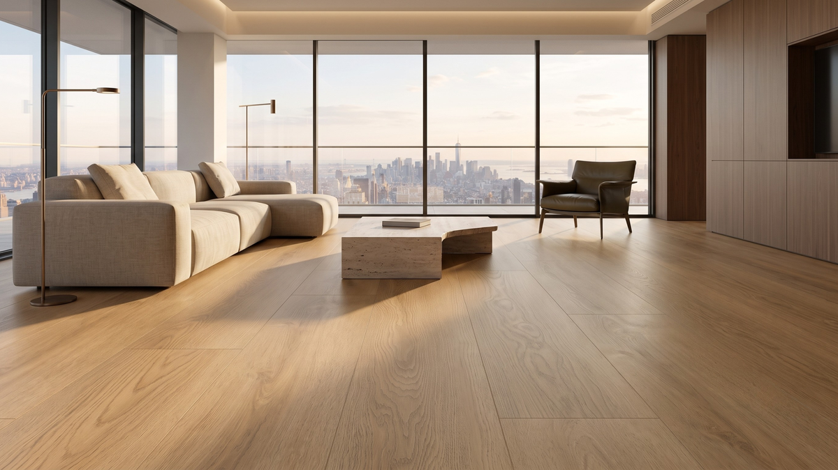 Wood-look vinyl planks in an open-plan living room in Singapore