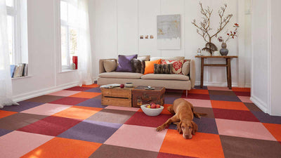 Colourful patchwork carpet tiles in a living room setting (OX012348)